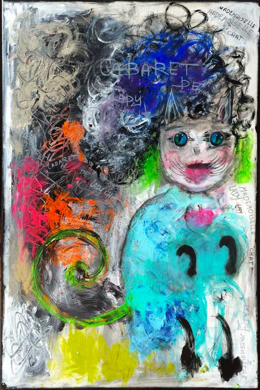 lady chat - peinture acrylique et collage sur toile - 60 cm x 90 cm